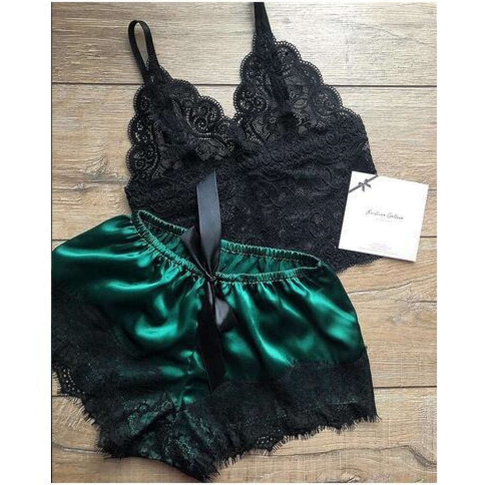 V Neck Solid Sleepwear Summer Women Pajamas Silk Pijamas Sleepwear Lace Short Pants Lingerie Hollowed Underwear Nightdress Set Conjuntos De Camison De