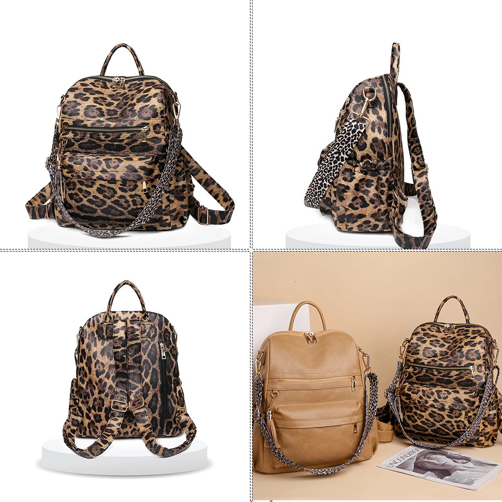 Winter Women Casual Backpack PU Leather School Backpack For Teenager Girls Travel Backpack Vintage Fashion Leopard Shoulder Bags 240305