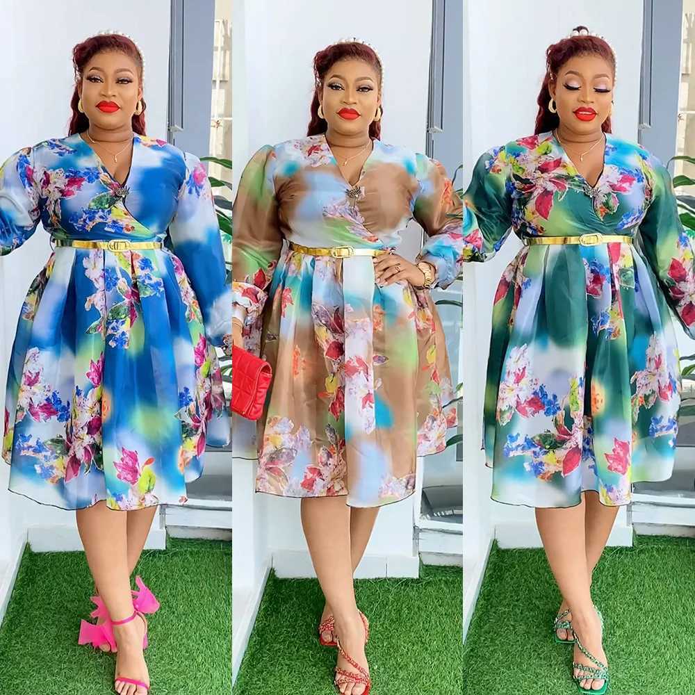 Basic Casual Dresses 2024 New African Dresses for Women New Arrival Summer Long Sle V-neck Printed Dress with Belt Africa Women ClothesC24315