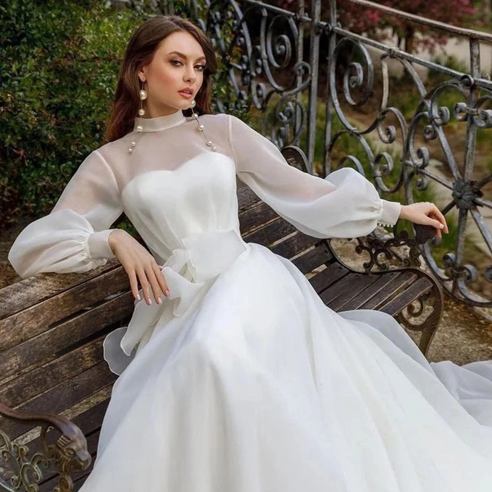 Classic A-LINE V-Neck Wedding Dress 2024 High Neck Long Sleeves Organza Bride Formal Gowns Vestidos De Novias Robe De Mariage