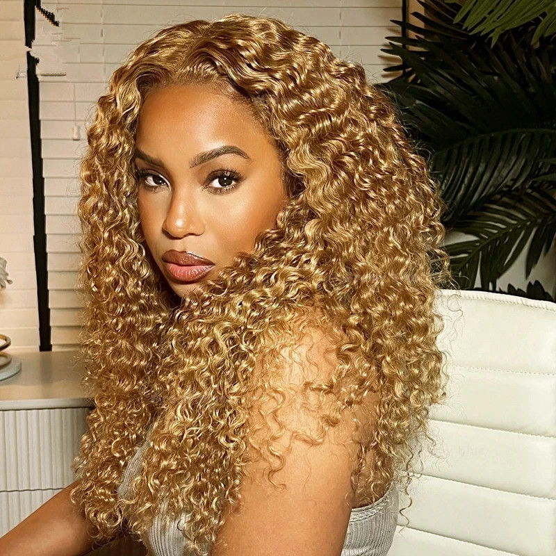 Colored 27 Honey Blonde Water Wave Human Hair Wigs 13x4 Transparent Curly Human Hair Lace Frontal Wig Pre-Plucked Lace Front Wig