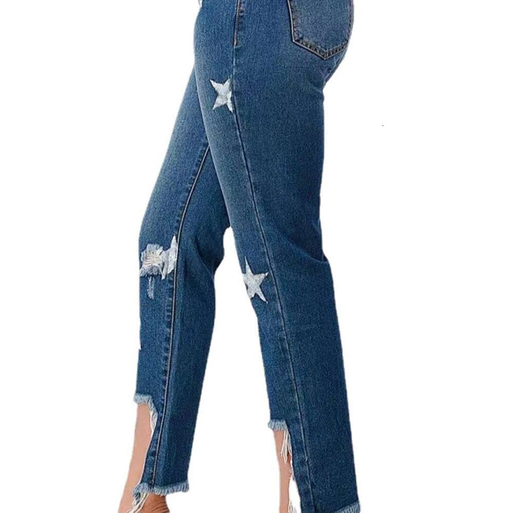 High Waisted Five Pointed Star Printed Jeans for Women