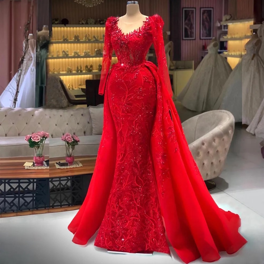 Red Mermaid Beaded Evening Long Sleeves Overskirt Lace Prom Gowns Sheer Jewel Neck Sequined Tulle Formal Dresses For Special Ocn 0906