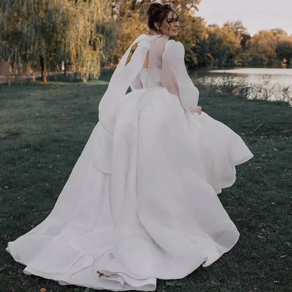 Classic A-LINE V-Neck Wedding Dress 2024 High Neck Long Sleeves Organza Bride Formal Gowns Vestidos De Novias Robe De Mariage