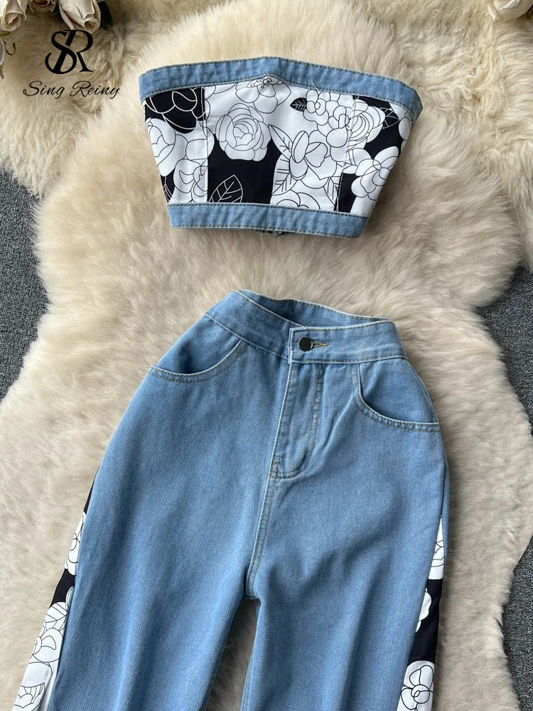 SINGREINY Women sweet Two Pieces Denim Suits Strapless Mini Zipper TopWide Legs Long Pants Painting Fashion Y2K Sexy Sets 240326