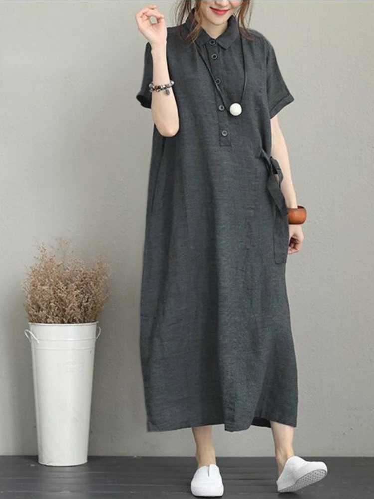 Basic Casual Dresses Summer Dress Women Cotton Linen Vintage Casual Loose Oversie Lapel Short-sled Dress New In Mid-length Long Dress for WomenC24315