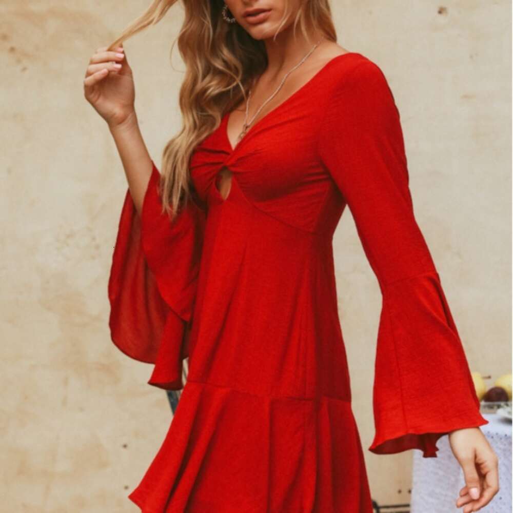 2024 New Solid Color Deep V-neck Long Sleeved Ruffled Edge Dress
