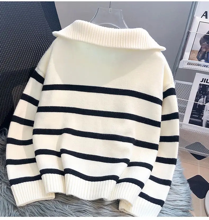 Sweater Pullover Women Spring and Autumn New Zipper Stripe Underlay Short Style Popular Premium Sweaters Female
