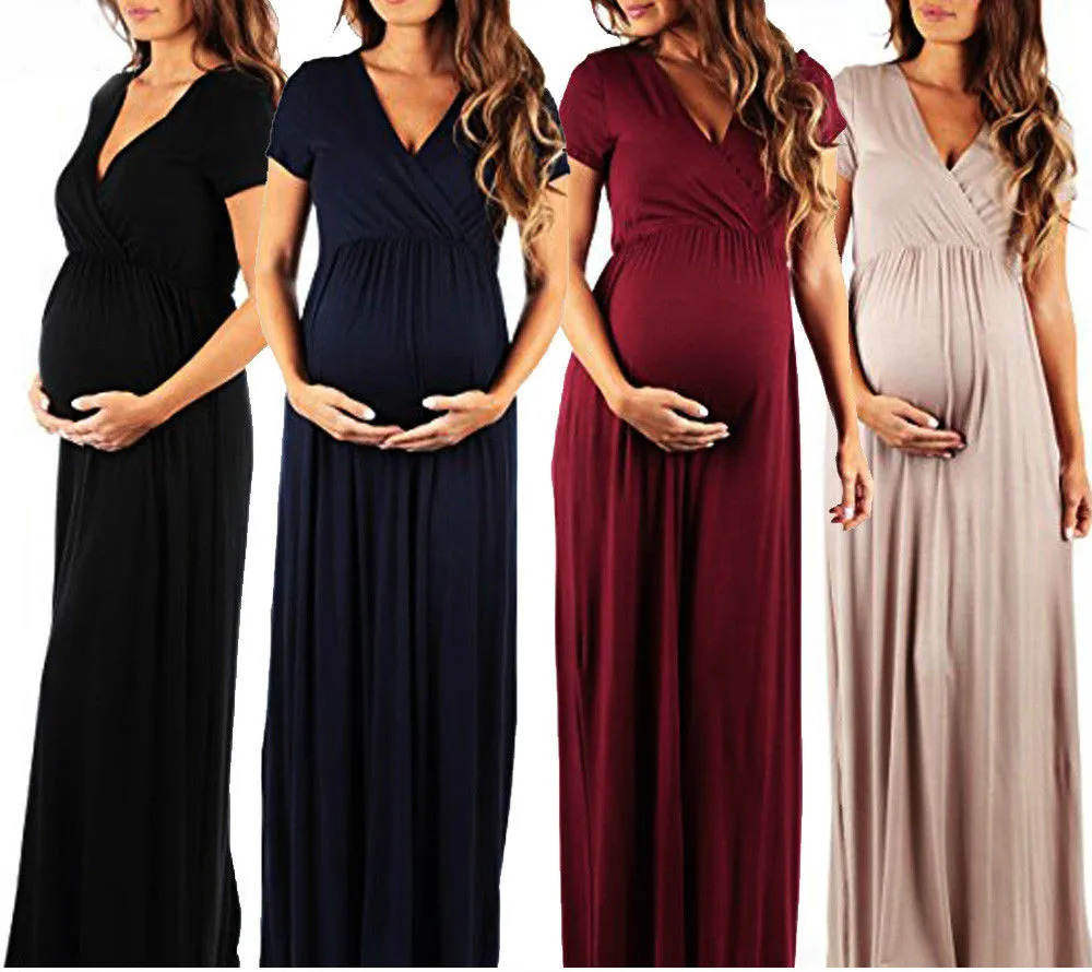 Pregnant Long Dres Casual Short Sleeve V Neck Evening Party Maxi Maternal Pregnancy Dresses 240301