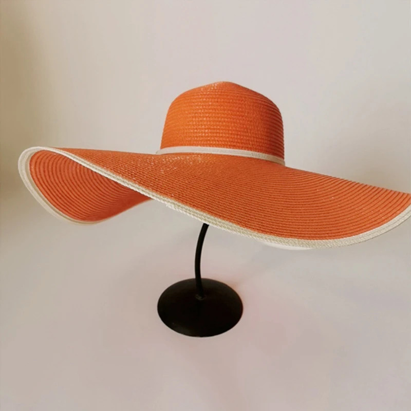 Summer Ladies Stitching Large Edge 18cm Holiday Beach Hat Sun Hats Handwoven Straw Supports Folding Wholesale 240309