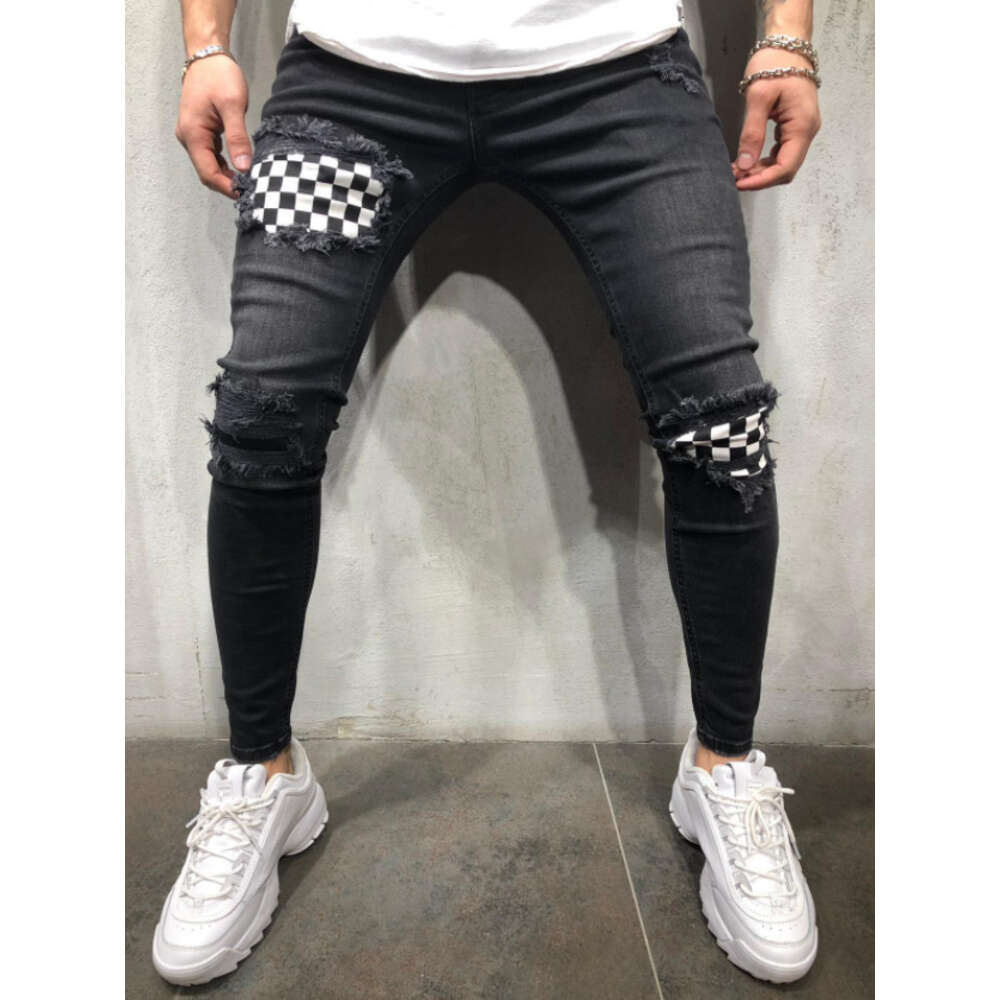 Men's Jeans with Torn Holes, Elastic Patches, Small Leg Pants, Men's Fashion