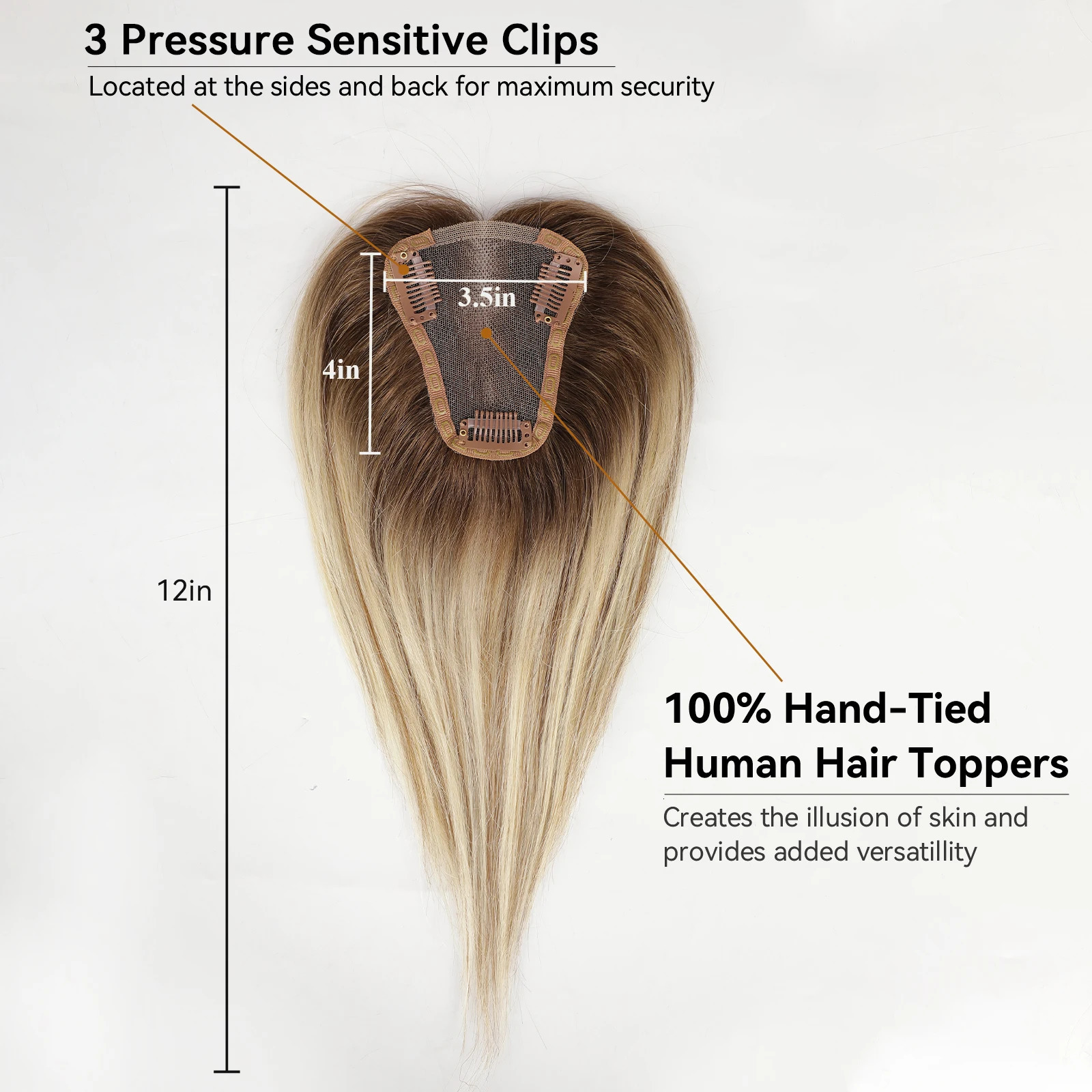 100% Remy Human Hair Toppers Middle Part Ombre Light Brown Golden Human Hair Pieces for Women with Thinning Hair Clip in Toppers 240314