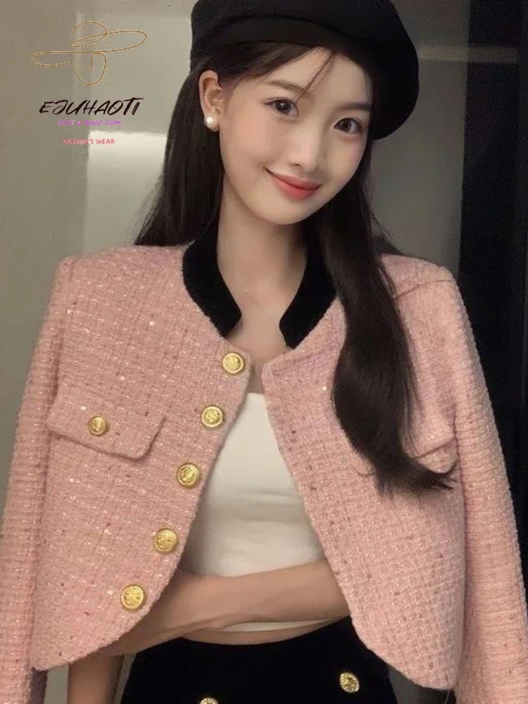 Jackets For Women Short Contrast Color Joint Tweed Stand Collar Small Fragrance Outwear Tops Femme Clothing Korean Fashion Coat 240307