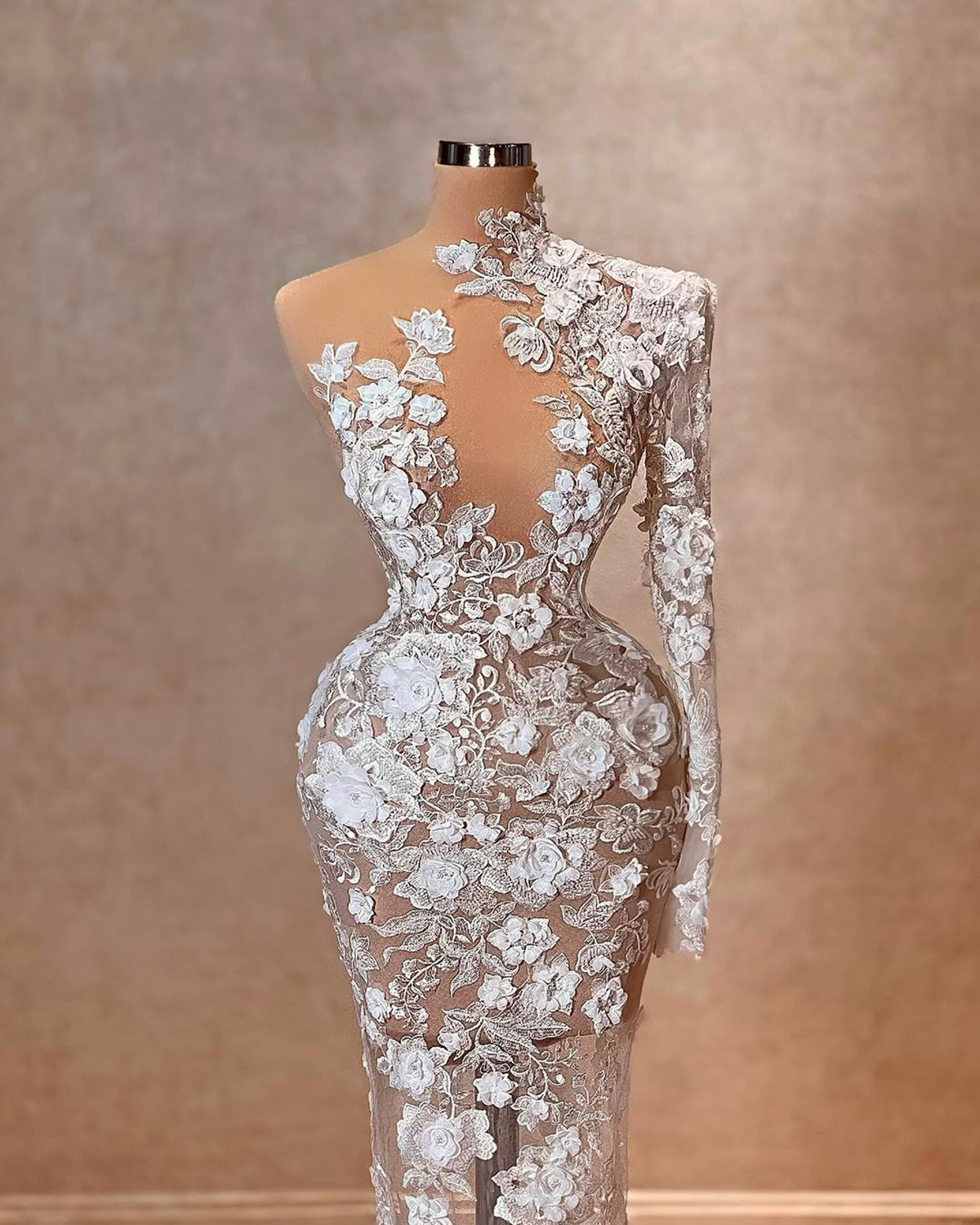 Classic Mermaid Bridal Gowns 3D-Ral Appliques Wedding Dress With Overskirts One Shoulder Lace Illusion Custom Made Bride Dresses 0219