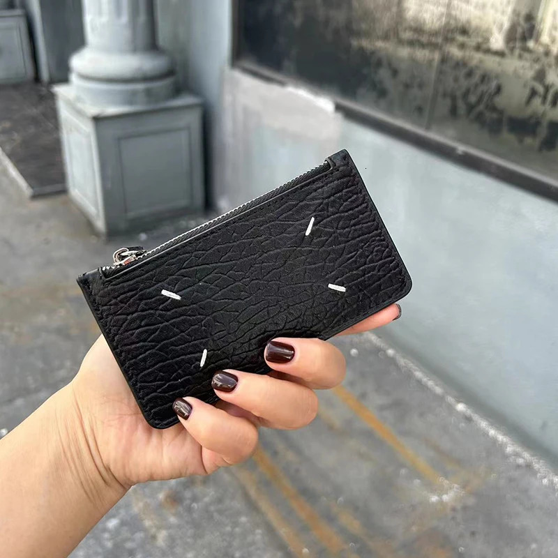 MM Top Layer Cowhide Lychee Patterned Multi Card Slot Zero Wallet For Men and Women Simple Four Corner Sewing mini Card Holder 240229