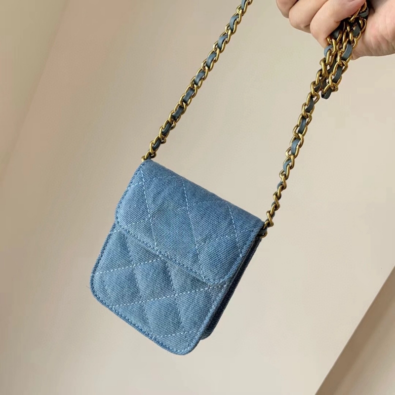 Denim diamond check gold hardware chain strap shoulder coin purse Makeup bag VIP gift with packaging