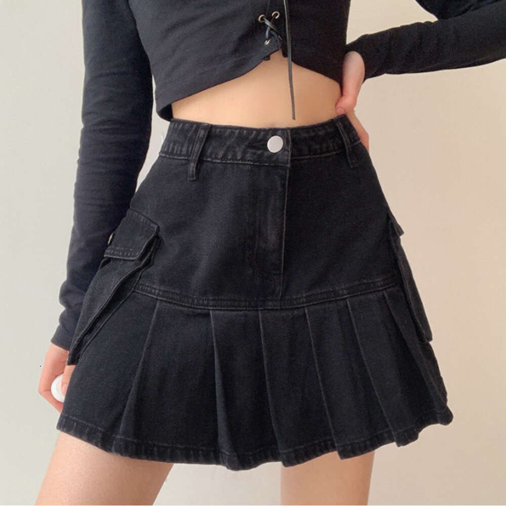 Women's Pocket Patchwork Pleated Solid Color High Waisted Denim Skirt, Sexy Slim Fit Skirt