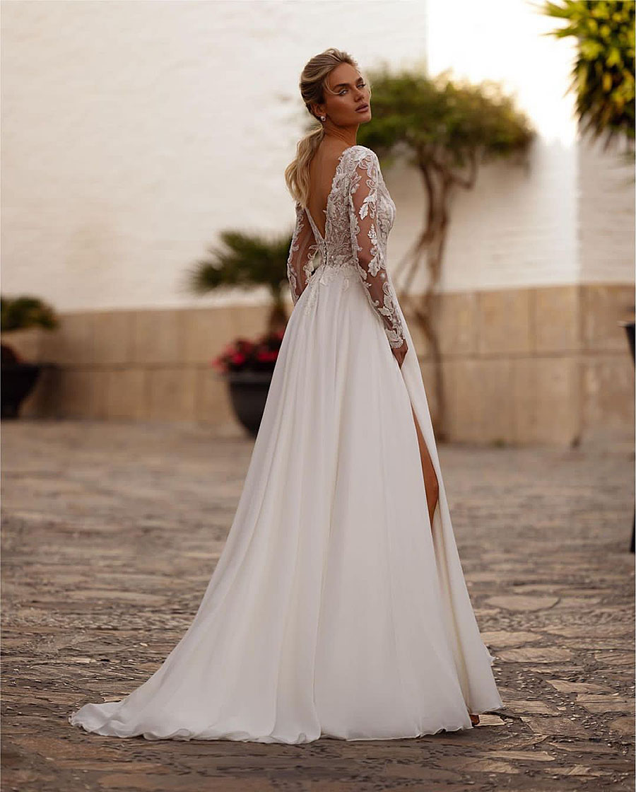 Sleeve Chiffon Long Aline Wedding Dress for Women 2024 Open Back Lace Boho V Neck Bridal Gown Robe De Soiree Mariage 326