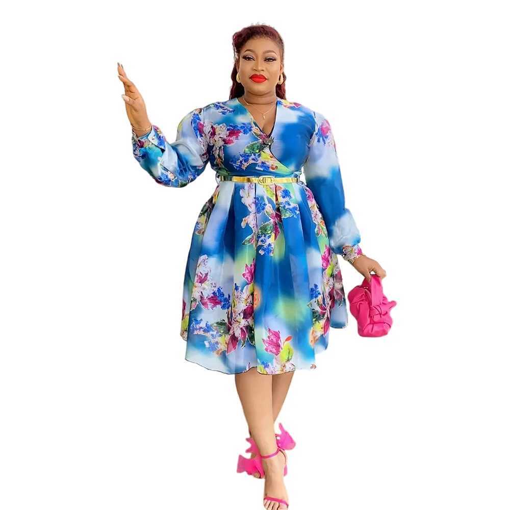 Basic Casual Dresses 2024 New African Dresses for Women New Arrival Summer Long Sle V-neck Printed Dress with Belt Africa Women ClothesC24315