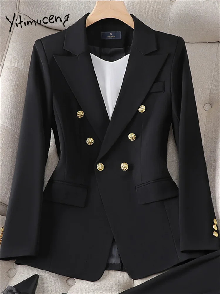 Yitimuceng Office Ladies Two Piece Sets Outifits 2023 Double Breasted Turn Down Collar Blazers Elegant Skirt Suits 240315