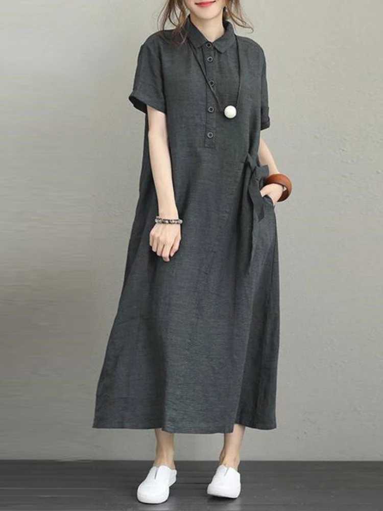 Basic Casual Dresses Summer Dress Women Cotton Linen Vintage Casual Loose Oversie Lapel Short-sled Dress New In Mid-length Long Dress for WomenC24315