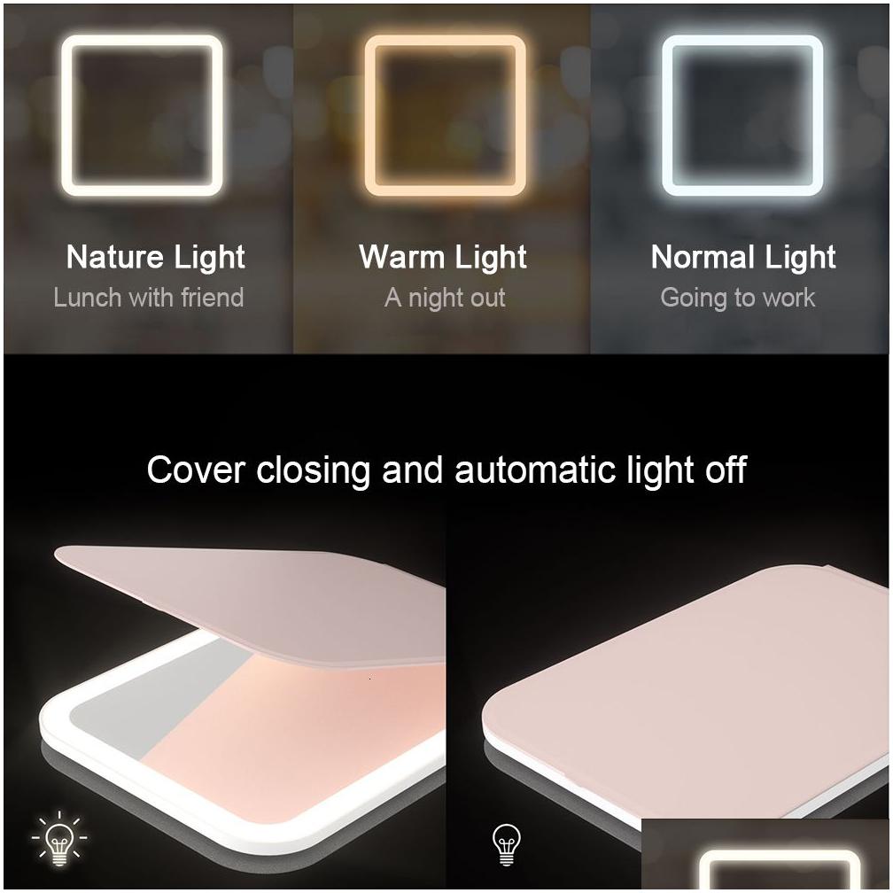 Compact Mirrors Usb Led Makeup With Lights Pink 360 Portable Foldable Smart Travel Make Up Tabletop Mirror Cosmetic Vanity Miroir Dro Dhi7z