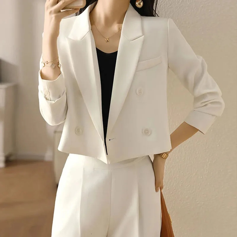 Lucyever Black Cropped Blazers for Women Korean Fashion Double-Breasted Office Suit Coat Ladies Vintage Long Sleeve Outerwear 240306