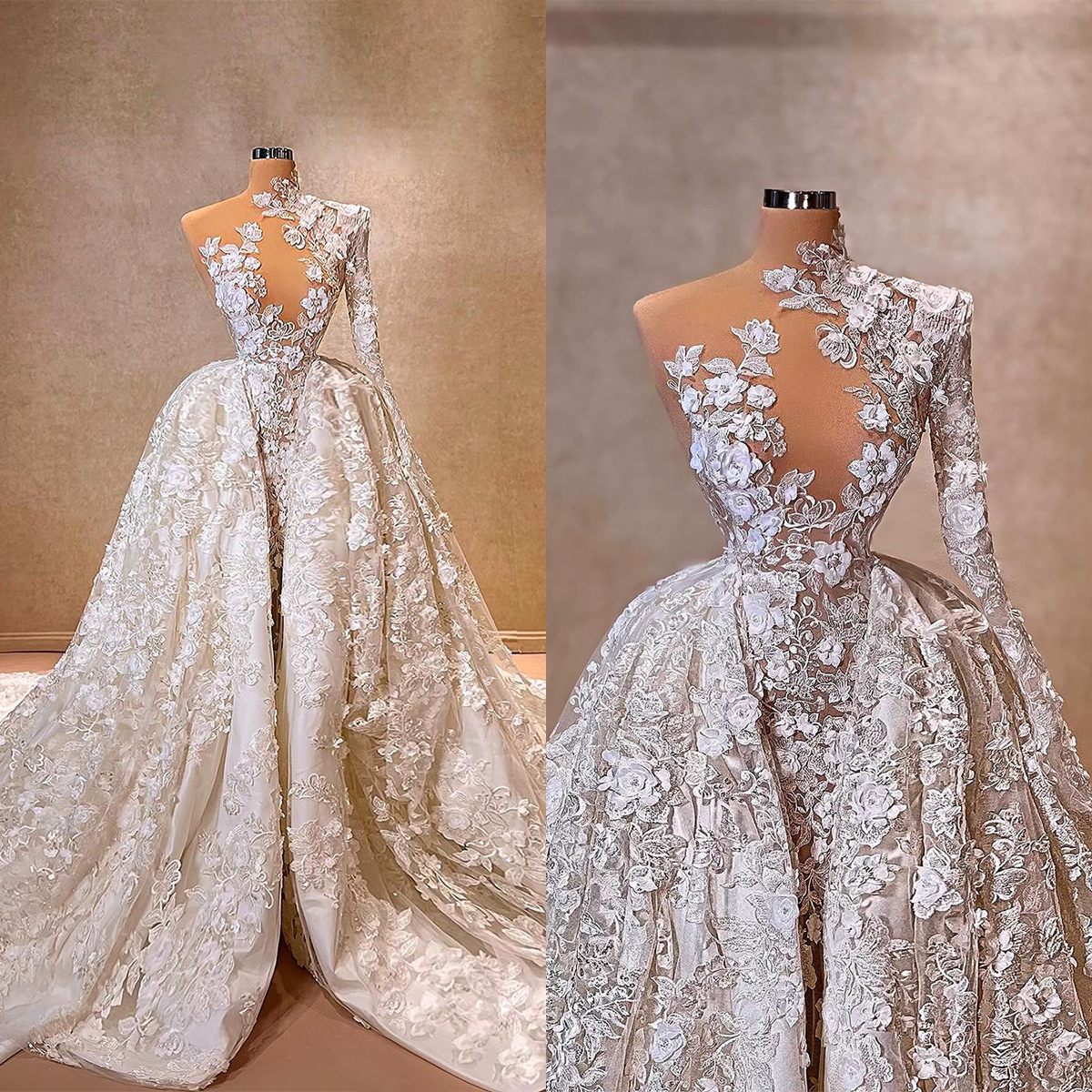 Classic Mermaid Bridal Gowns 3D-ral Appliques Wedding Dress with Overskirts One Shoulder Lace Illusion Custom Made Bride Dresses
