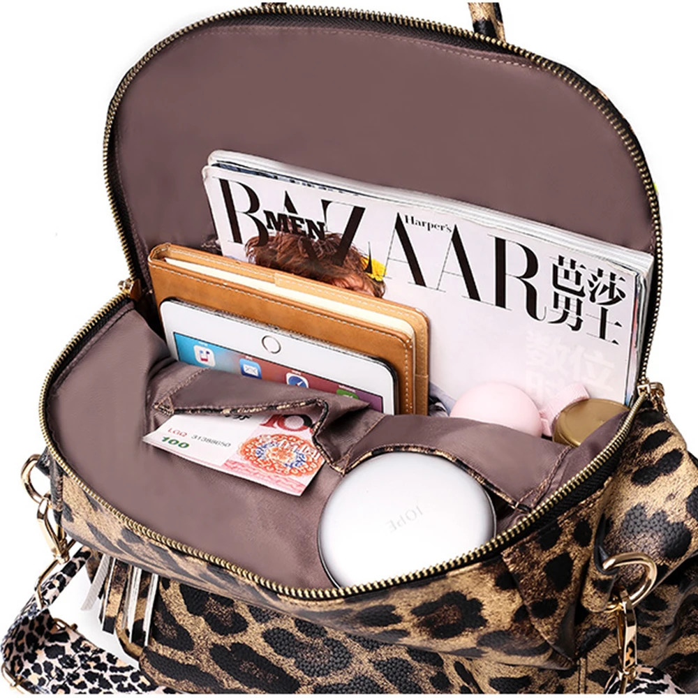Winter Women Casual Backpack PU Leather School Backpack For Teenager Girls Travel Backpack Vintage Fashion Leopard Shoulder Bags 240305