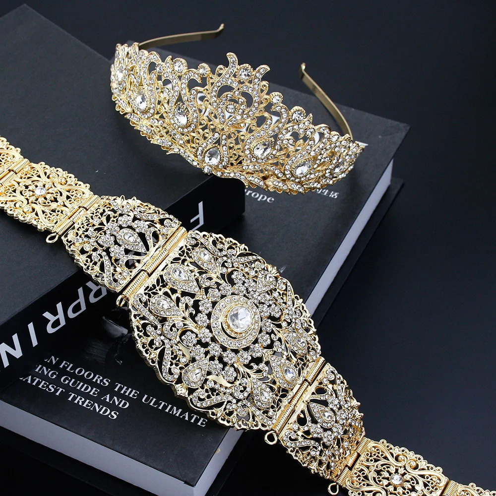 Sunspicems Gold Color Algeria Morocco Belt Crown Bride Wedding Jewelry Arab Women Body Chain Tiaras Caftan Bijoux 240311