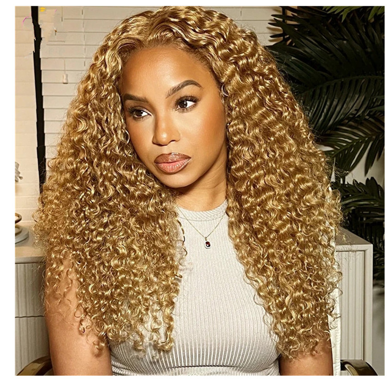 Colored 27 Honey Blonde Water Wave Human Hair Wigs 13x4 Transparent Curly Human Hair Lace Frontal Wig Pre-Plucked Lace Front Wig