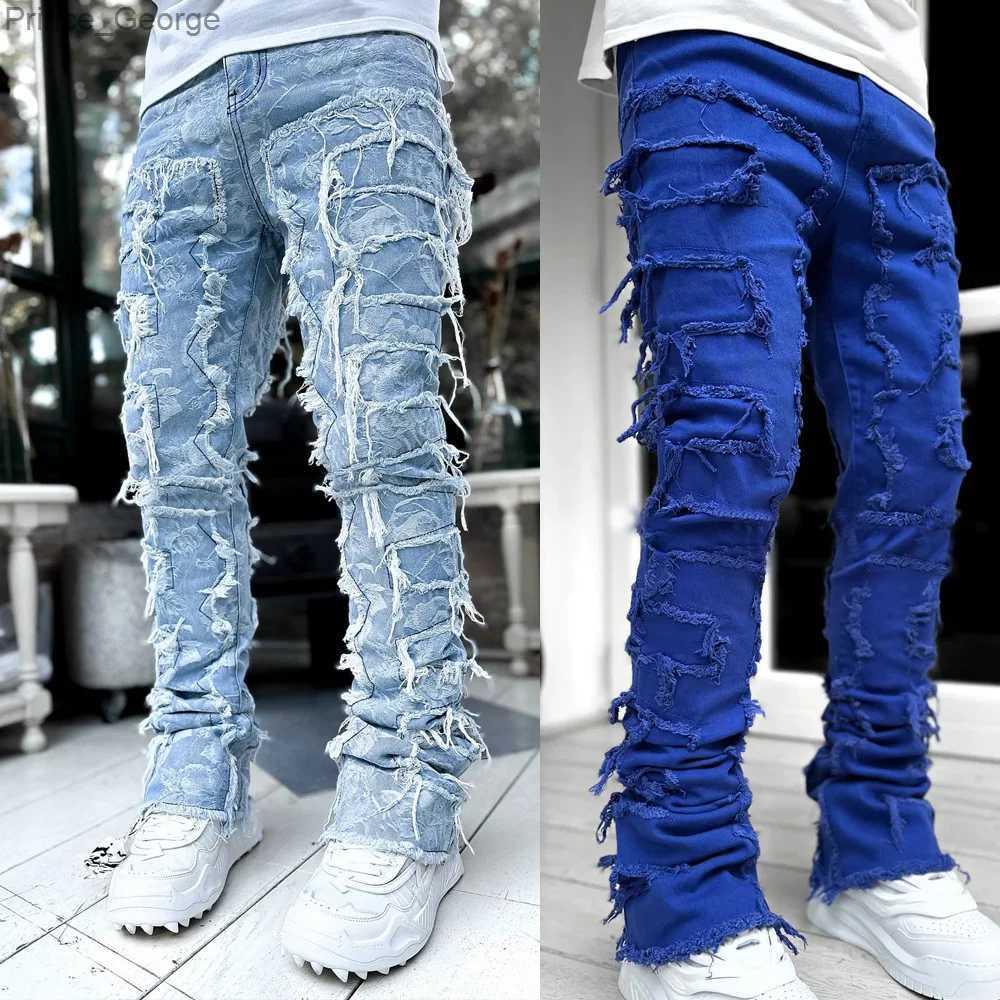 Men's Pants 2024 High Street White Mens Stacked Jeans Stretched Patchwork Tassel Damaged Denim Full Length Pants Hip-pop Trousers For MaleL2403