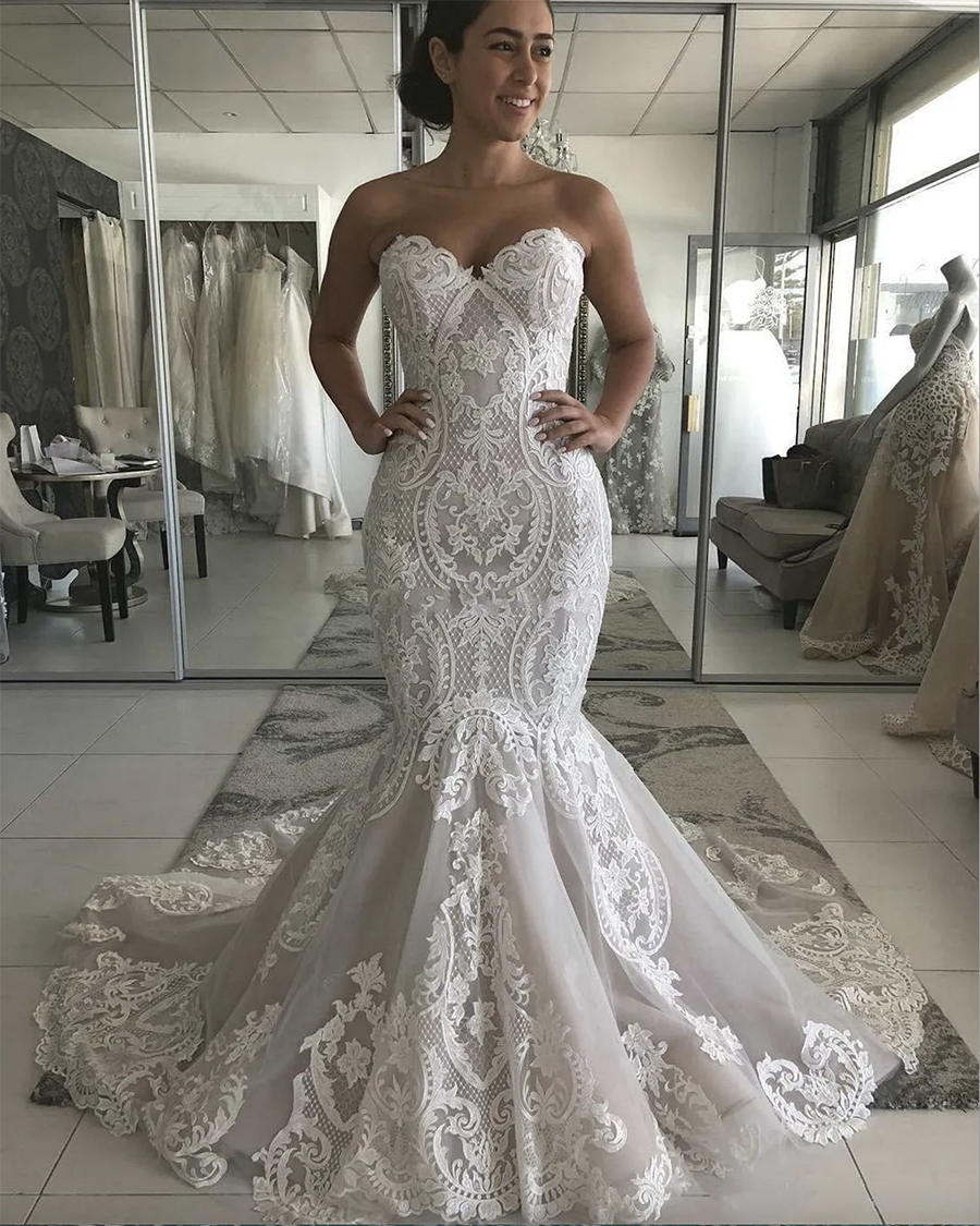 Sweetheart Full Lace Mermaid 2024 Sexy Backless Wedding Gowns Gorgeous Buttons Back Bride Dress Robe De Mariee