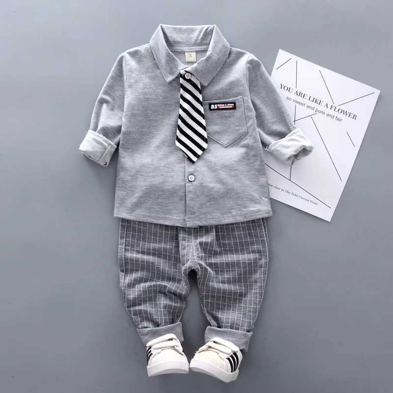 Clothing Sets Boys Solid Clothing Sets Spring Autumn Baby Cotton Long-Sleeve Tie Shirt Pants 2pcs Outfits Kids Elegant Gentleman Suit 1-4Y