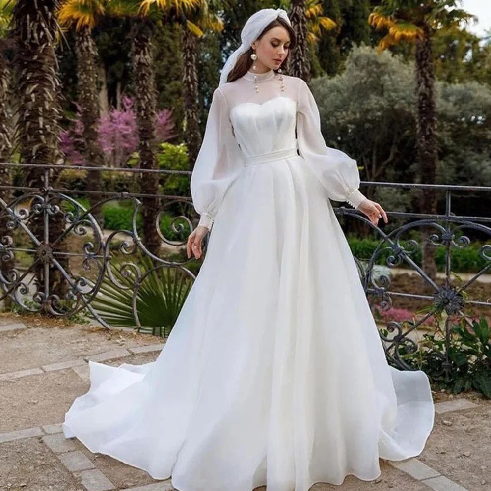 Classic A-LINE V-Neck Wedding Dress 2024 High Neck Long Sleeves Organza Bride Formal Gowns Vestidos De Novias Robe De Mariage