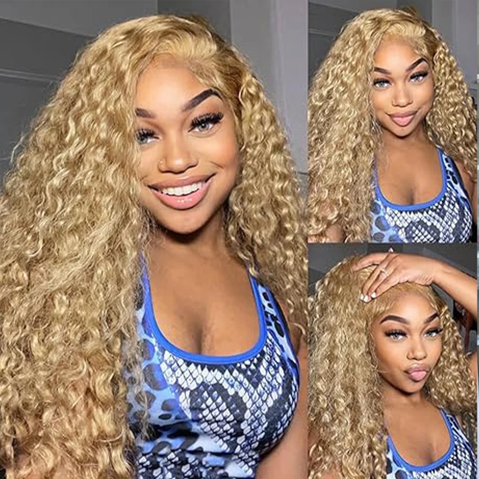 Colored 27 Honey Blonde Water Wave Human Hair Wigs 13x4 Transparent Curly Human Hair Lace Frontal Wig Pre-Plucked Lace Front Wig