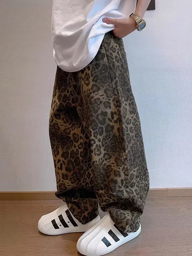 Tan Leopard Jeans Men Denim Pants Male Oversize Wide Leg Trousers Streetwear Hip Hop Vintage Clothes Loose Casual 240311