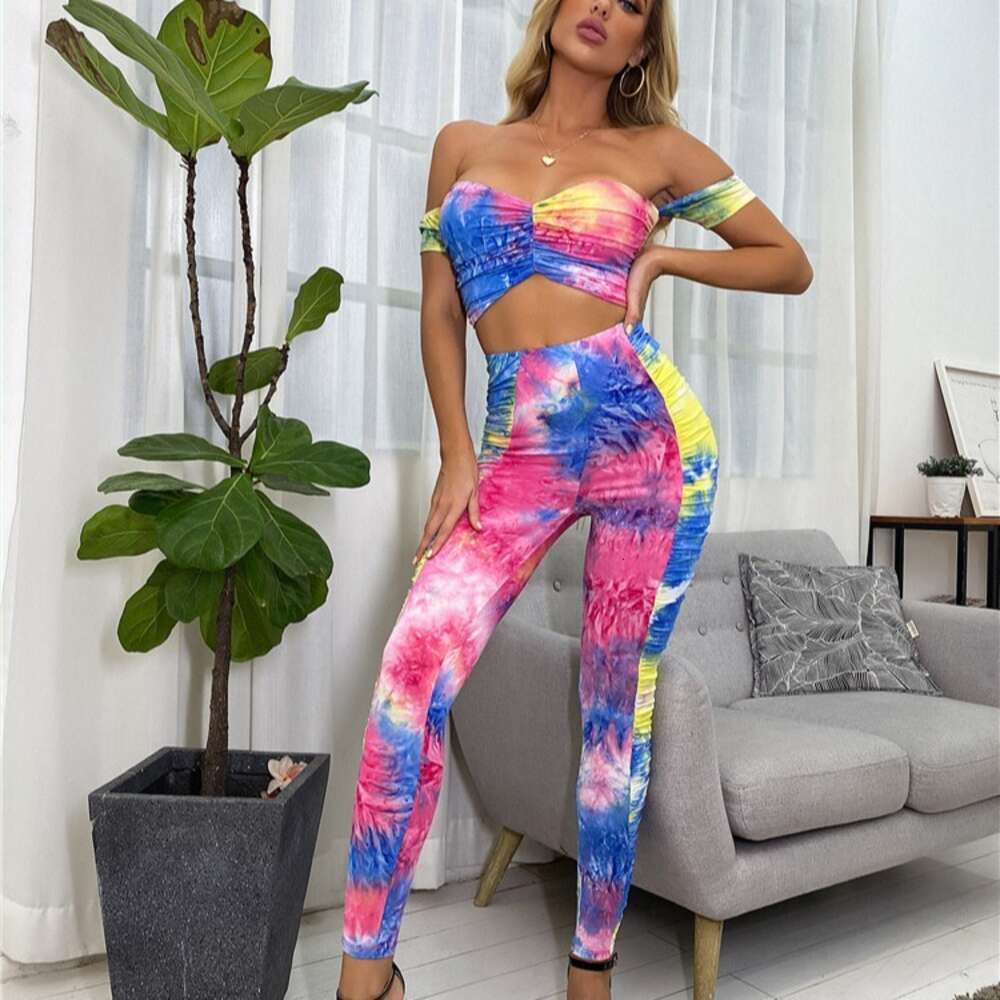 2024 Women's Fashion Tie Dye Gradient One Line Neck Top Tight Folded Pants Two Piece Set