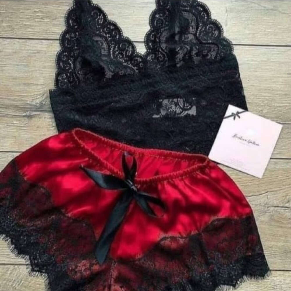 V Neck Solid Sleepwear Summer Women Pajamas Silk Pijamas Sleepwear Lace Short Pants Lingerie Hollowed Underwear Nightdress Set Conjuntos De Camison De