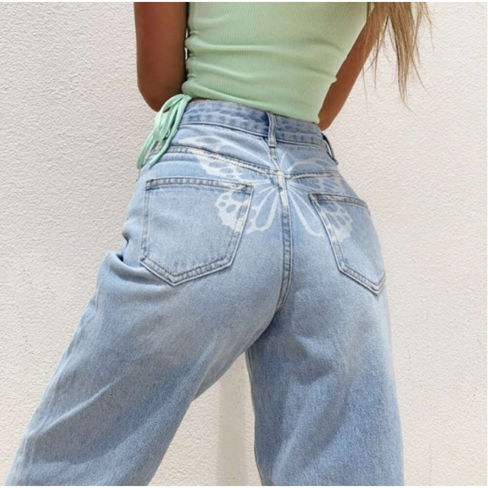 2024 Spring New High Waist Butterfly Print Straight Leg Casual Jeans Women's Street Pants