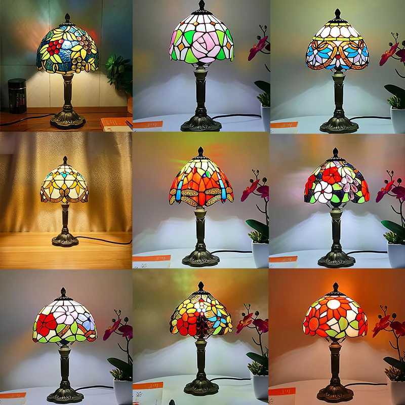Lamps Table LED Tiffany Style Table Lamp Retro Mediterranean Decorative Lights E27 Color Glass LampshadeFor Nightstand Light Bedroom Cafe z240906 hade