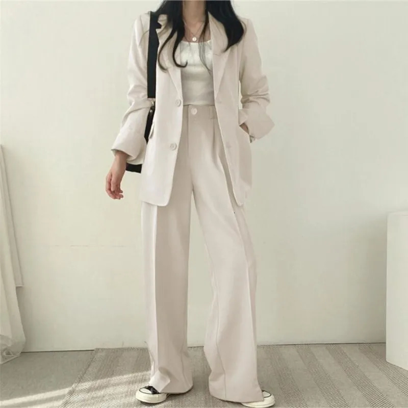 Casual Long Sleeve Suit Jacket Pants Set Office Lady Spring Autumn Fashion Solid Blazer Trousers Two Piece Set Women Outfit 240306