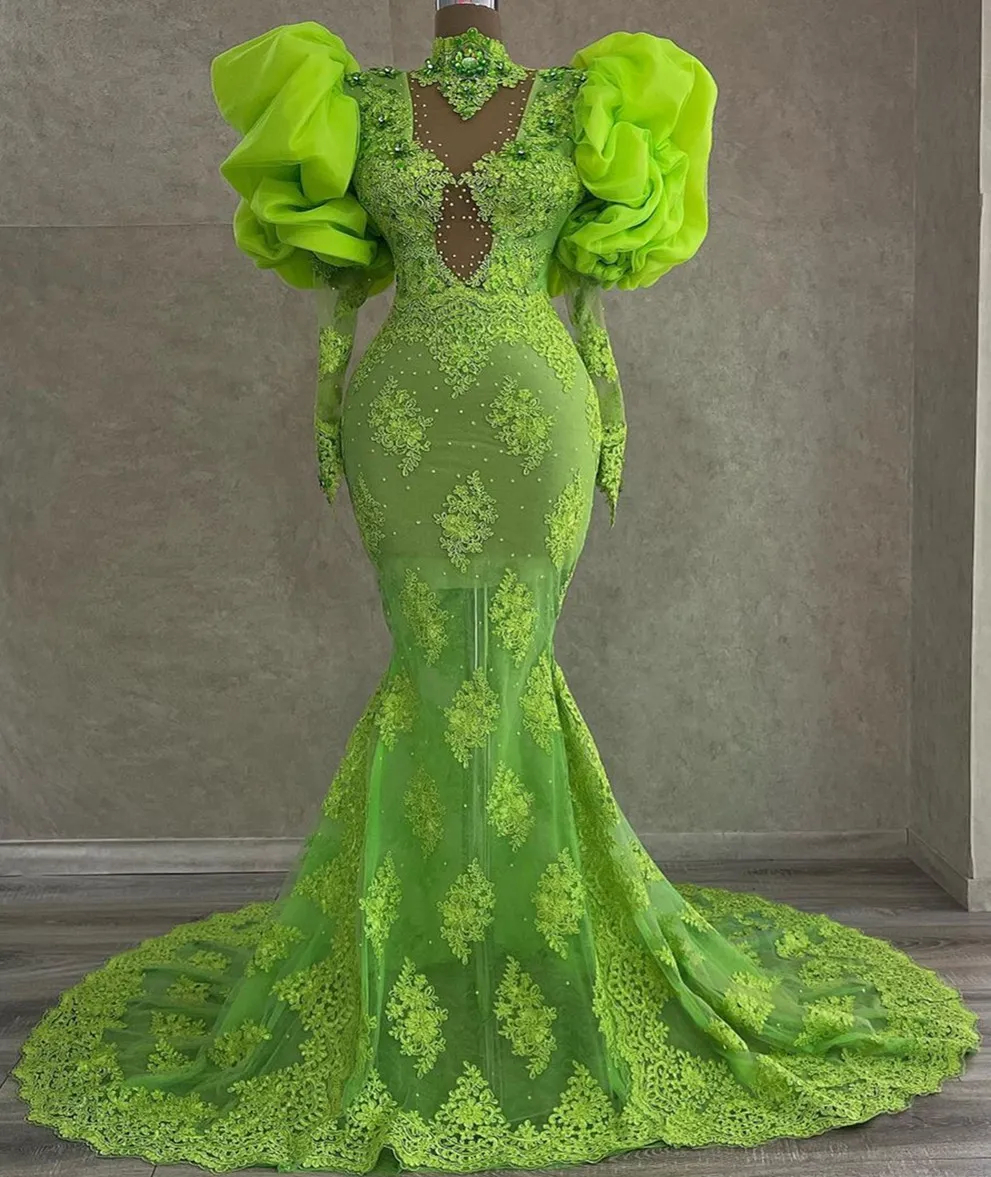 Elegant Green Lace Mermaid Evening Dresses Puff Ruched Long Sleeves Appliques Crystals Beaded High Neck Formal Occasion Gowns Black Girls Prom Recepti