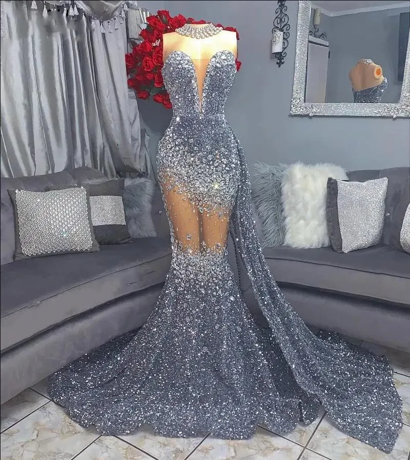 Sparkly Sier Sequins Mermaid Prom Dresses For Black Girls Sweetheart Crystal Rhie Sweep Train Formal Party Evening Gowns Robes De Bal