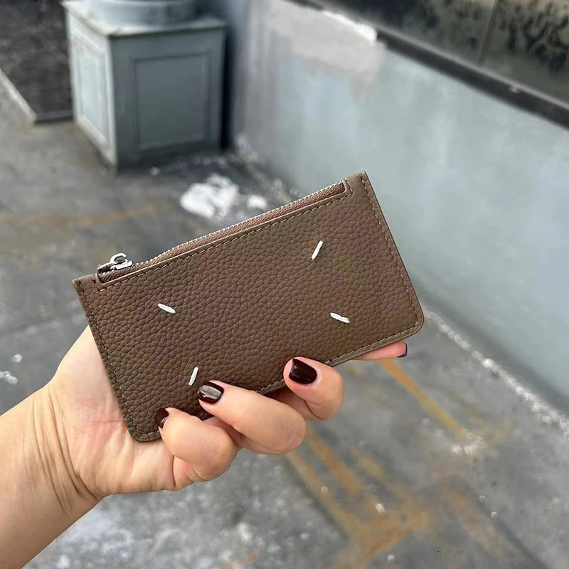 MM Top Layer Cowhide Lychee Patterned Multi Card Slot Zero Wallet For Men and Women Simple Four Corner Sewing mini Card Holder 240229