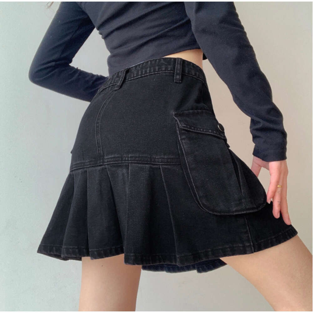 Women's Pocket Patchwork Pleated Solid Color High Waisted Denim Skirt, Sexy Slim Fit Skirt