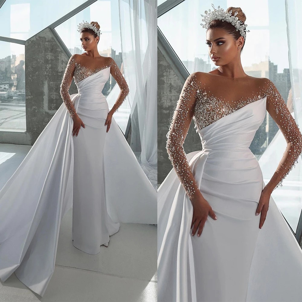 Modest Mermaid Bridal Gowns Sheer Neck Jewel Wedding Dress Illusion Custom Made Crystals Beading With Train Vestido De Novia 0219