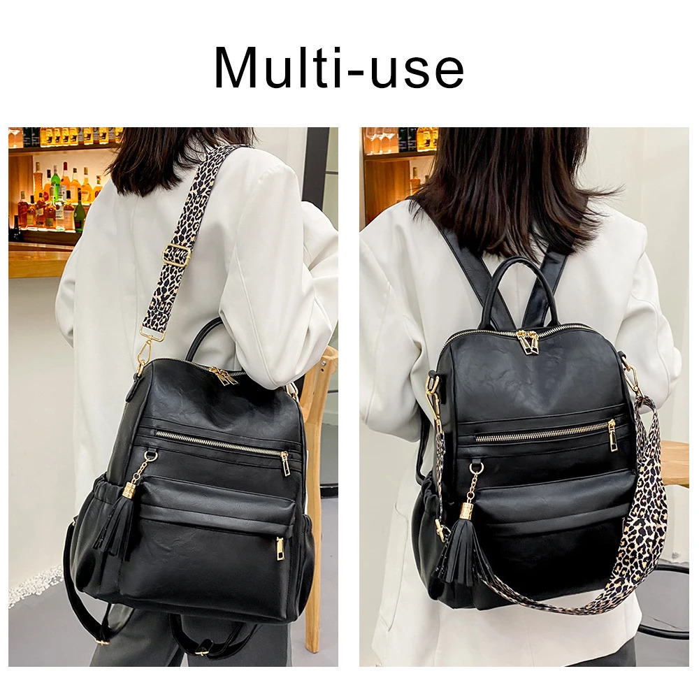 Winter Women Casual Backpack PU Leather School Backpack For Teenager Girls Travel Backpack Vintage Fashion Leopard Shoulder Bags 240305