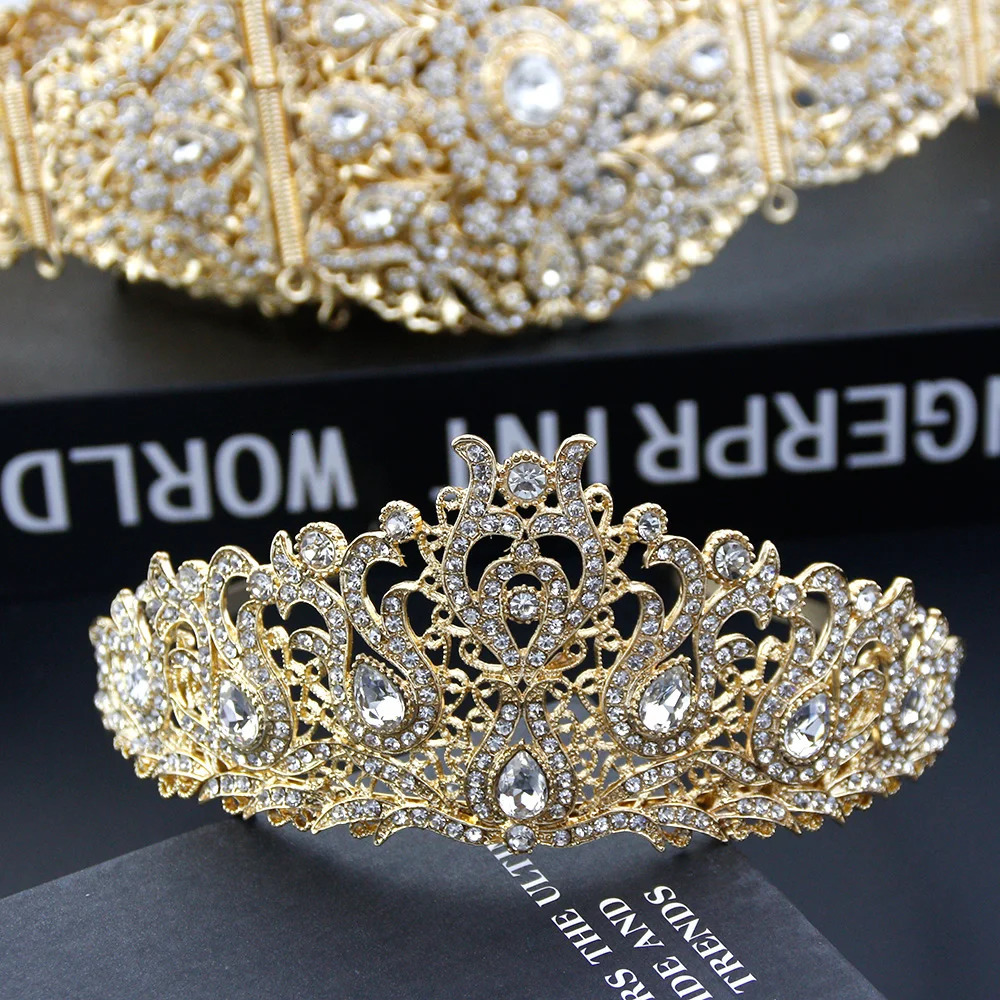 Sunspicems Gold Color Algeria Morocco Belt Crown Bride Wedding Jewelry Arab Women Body Chain Tiaras Caftan Bijoux 240311