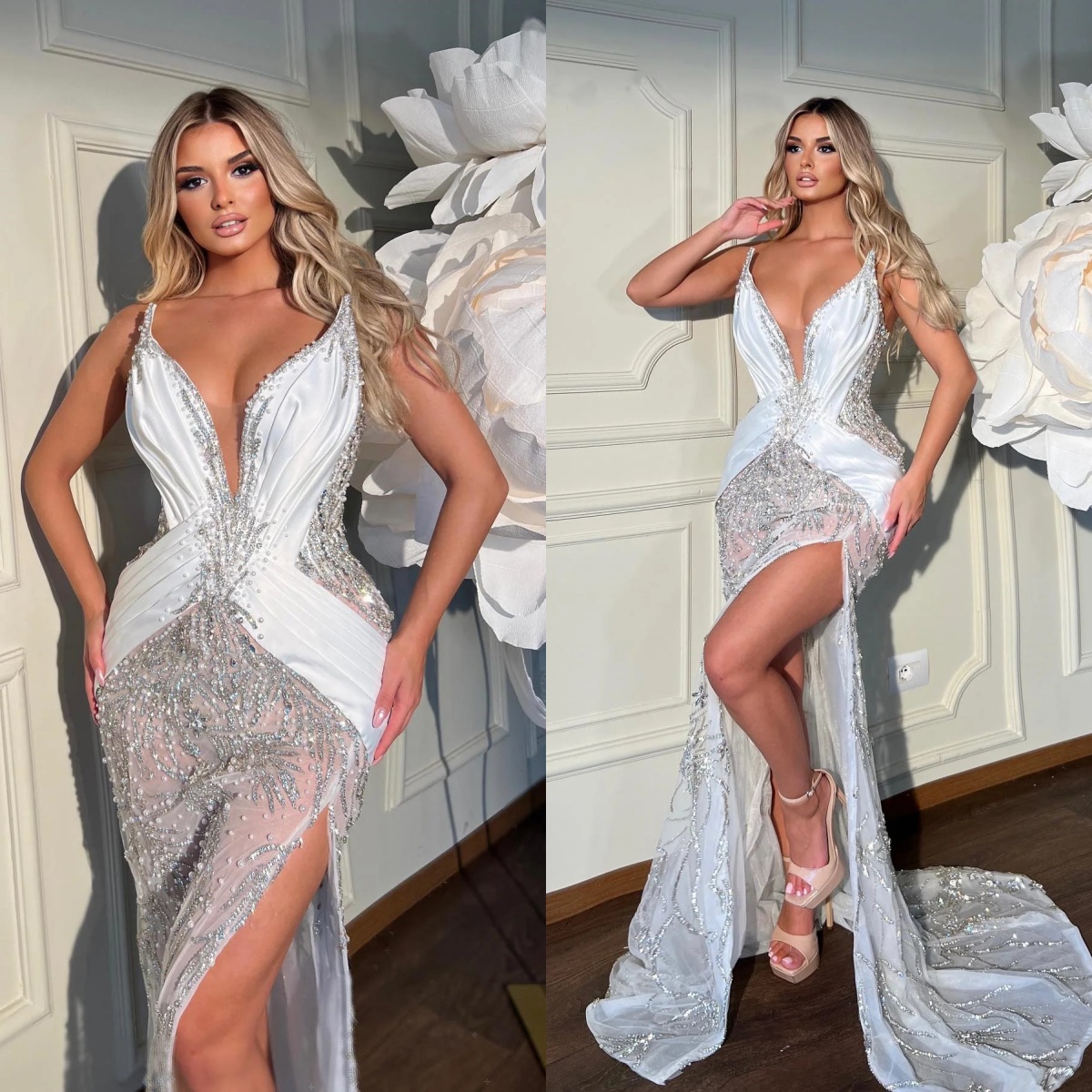 Elegant Mermaid Wedding Dress Pearls Bridal Gowns with Rhinestone Beaded Sleeveless Side Split Bride Dresses Custom Made Plus Size